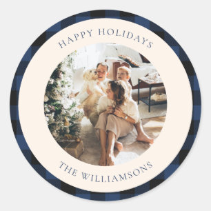 Vintage Blue and Black Buffalo Plaid Custom Photo Classic Round Sticker