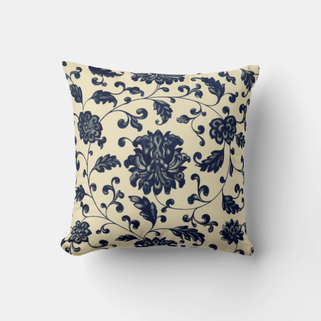 Vintage Blue and Cream Floral Pattern Cushion (Front)
