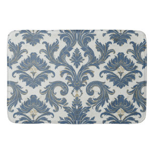 Vintage Blue and Gold Baroque Damask Bath Mat