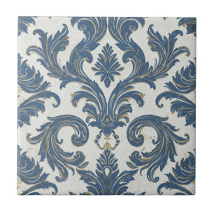 Vintage Blue and Gold Baroque Damask Ceramic Tile