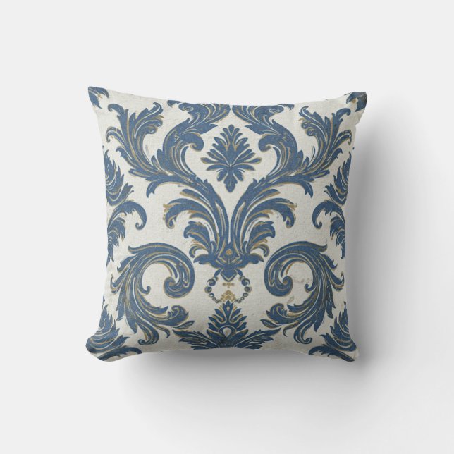 Vintage Blue and Gold Baroque Damask Cushion (Front)