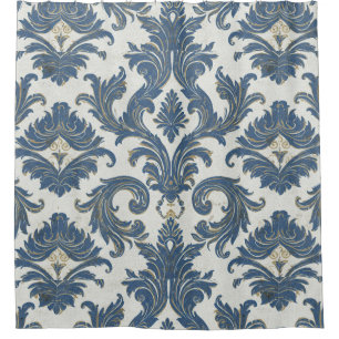 Vintage Blue and Gold Baroque Damask Shower Curtain