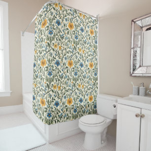 Vintage Blue and Gold Botanical Floral Pattern Shower Curtain