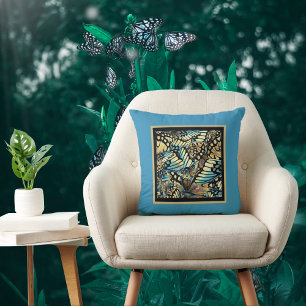 Vintage Blue and Gold Butterfly Collage on Teal Cushion