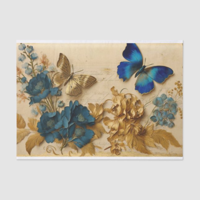 Vintage Blue and Gold Butterfly Decoupage Tissue Paper (Front)
