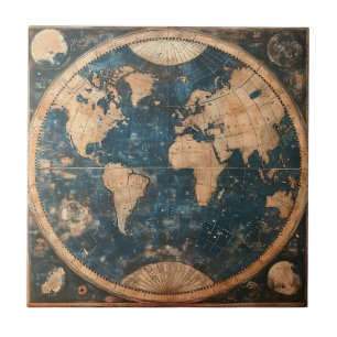 Vintage Blue and Gold Double Hemisphere World Map Ceramic Tile