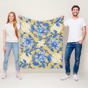 Vintage Blue and Gold Floral Chinoiserie Fleece Blanket