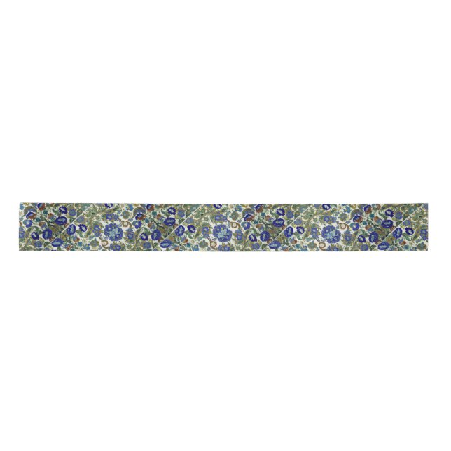 Vintage Blue and Gold Floral Pattern Satin Ribbon (Front)