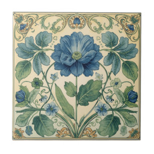 Vintage Blue And Green Art Nouveau Floral  Ceramic Tile