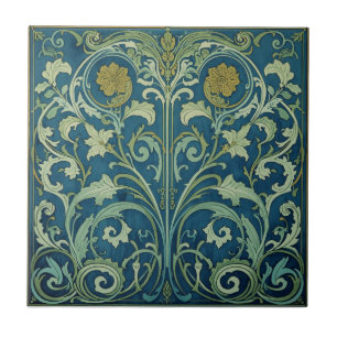 Vintage Blue And Green Art Nouveau Floral Ceramic Tile