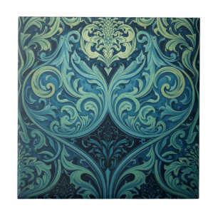 Vintage Blue And Green Art Nouveau Floral Ceramic Tile