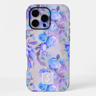 Vintage Blue and Lavender Floral Monogram iPhone 16 Pro Max Case