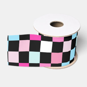 Vintage Blue and Pink Chequered Pattern Grosgrain Ribbon