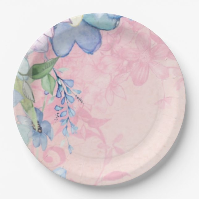 Vintage Blue and Pink Floral Paper Plate (Front)