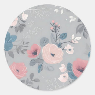 Vintage Blue and Pink Flowers on Light Grey Classic Round Sticker