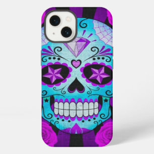 Vintage Blue and Purple Sugar Skull with Roses iPhone Case