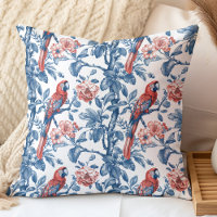 Vintage Blue and Red Chinoiserie Parrot and Flower