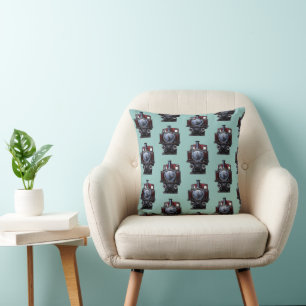 Vintage Blue and Red Train Locomotive Drawing  Cushion