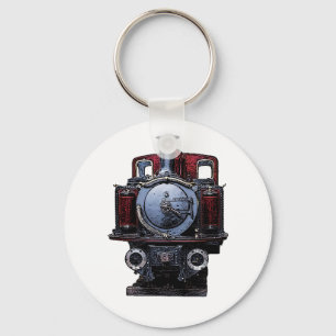 Vintage Blue and Red Train Locomotive Drawing Key Ring