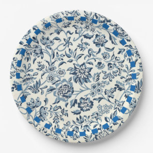 Vintage blue and white floral pattern paper plate