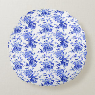 Vintage Blue and White Floral Pattern Round Cushion