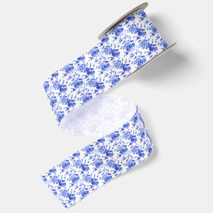 Vintage Blue and White Floral Pattern Satin Ribbon