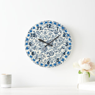 Vintage Blue and White Floral Round Clock