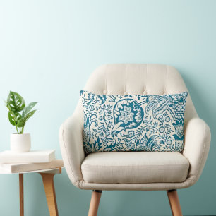 Vintage Blue and White Indian Floral Lumbar Pillow