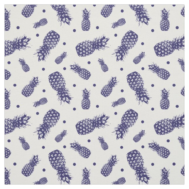 Vintage Blue and White Tropical Pineapples Pattern Fabric (Swatch)