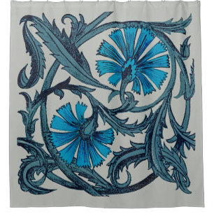 Vintage Blue Antique Flower art rustic Tile Decor Shower Curtain