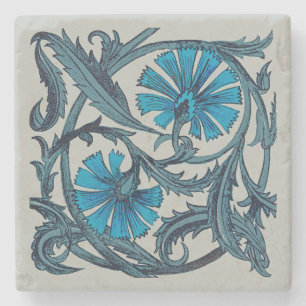 Vintage Blue Antique Flower art rustic Tile Decor Stone Coaster