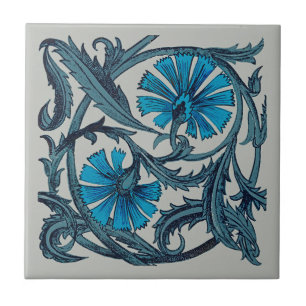 vintage blue antique flower arts crafts rustic ceramic tile