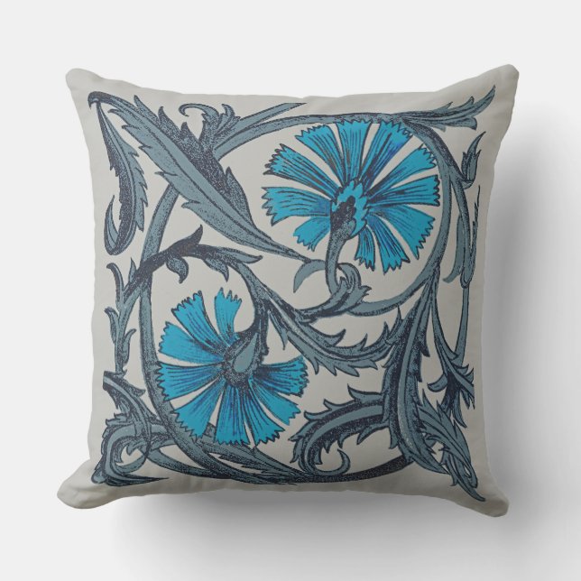 vintage blue antique flower arts crafts rustic cushion (Front)