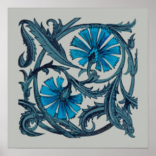 vintage blue antique flower graphic art design poster