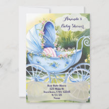 Vintage Blue Baby Carriage in Garden Bloom invites