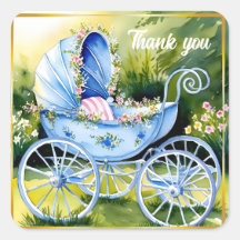 Vintage Blue Baby Carriage in Garden Bloom
