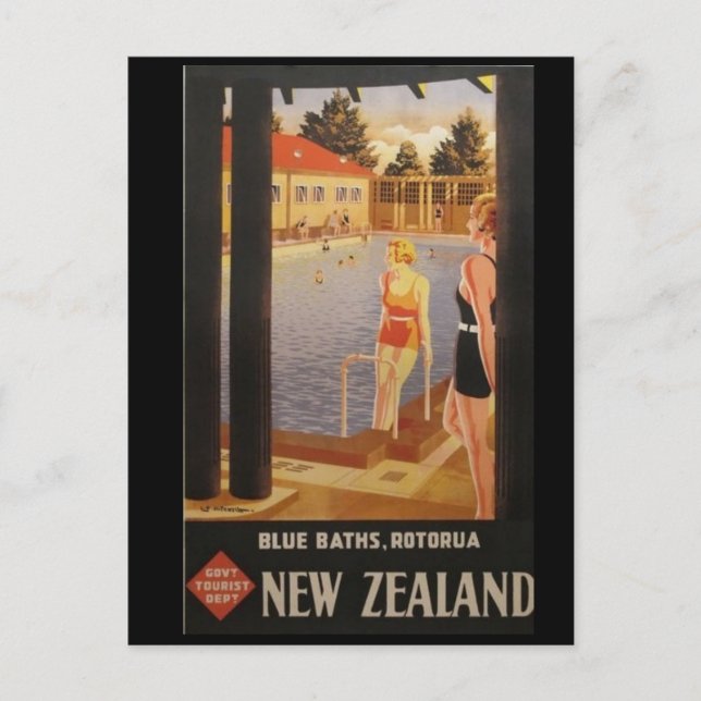 Vintage Blue Baths Rotorua New Zealand Postcard (Front)