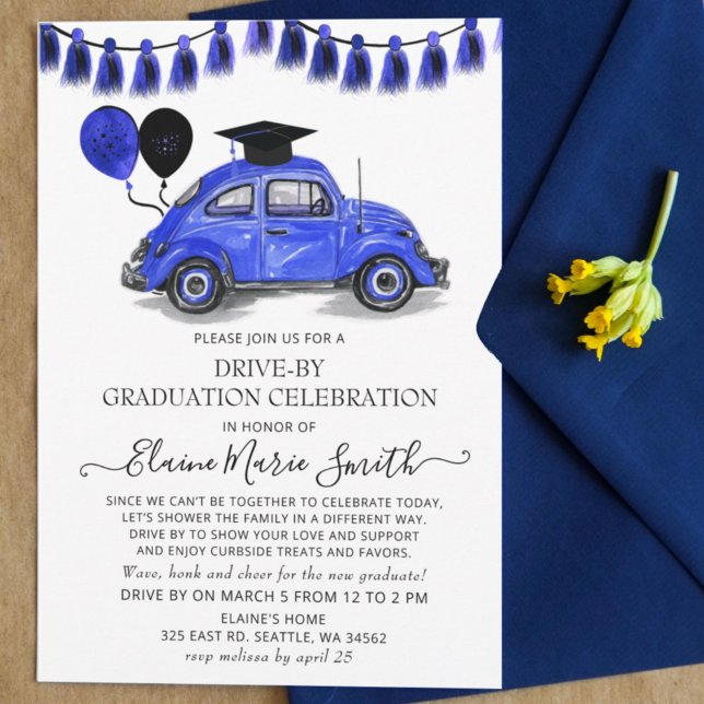 Vintage Blue Beetle Balloons Drive By Graduation Invitation (Creator Uploaded)