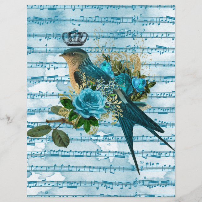 Vintage Blue Bird on Sheet Music Scrapbook Paper (Front)