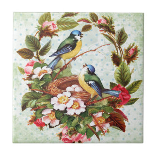 Vintage Blue Birds and Flowers Tile