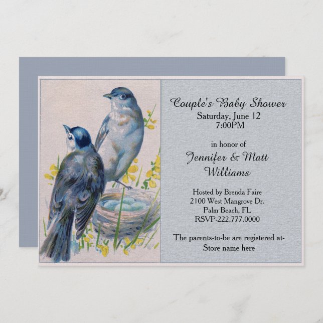 Vintage Blue Birds Baby Shower Invitation (Front/Back)