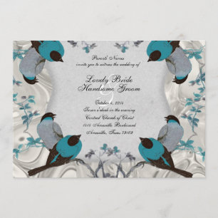 Vintage Blue Birds Birdbath Silver Wedding Invite