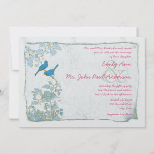 Vintage Blue Birds Damask Pink Font Wedding Invite