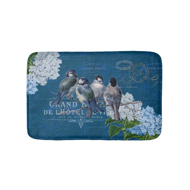 Vintage Blue Birds Flowers French Bath Mat (Front)