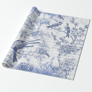 Vintage Blue Birds Flowers French Script Wrapping Paper