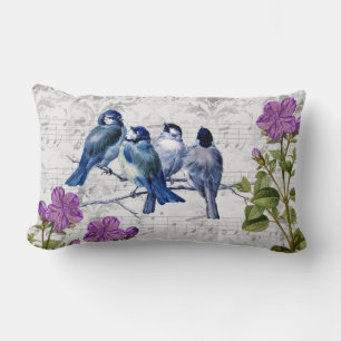 Vintage Blue Birds Purple Flowers Grey Sheet Music Lumbar Cushion