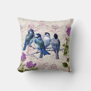 Vintage Blue Birds, Purple Flowers, Lavender Music Cushion