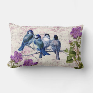 Vintage Blue Birds, Purple Flowers, Lavender Music Lumbar Cushion