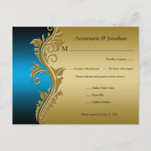 Vintage Blue Black and Gold Floral RSVP Card