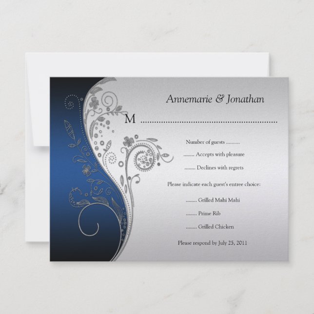 Vintage Blue Black and Silver Floral RSVP (Front)